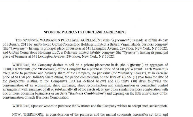 Sponsor Warrants Purchase Agreement. Робочий зразок №1