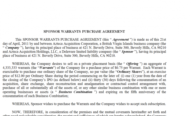 Sponsor Warrants Purchase Agreement. Робочий зразок №4 изображение 1