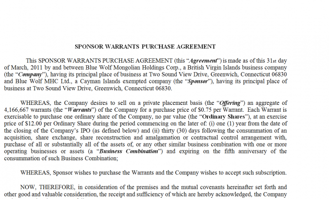 Sponsor Warrants Purchase Agreement. Робочий зразок №5