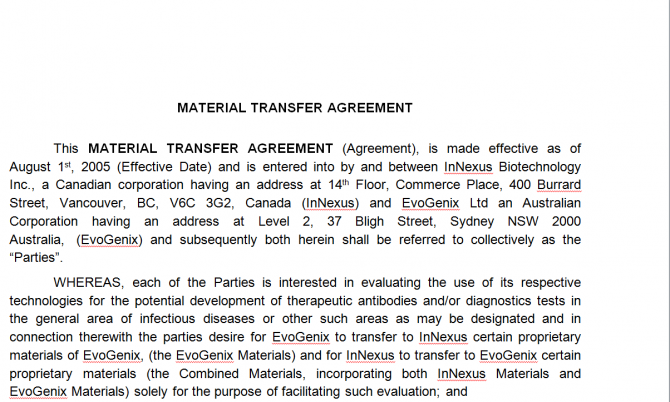 Material Transfer Agreement. Робочий зразок №10 изображение 1