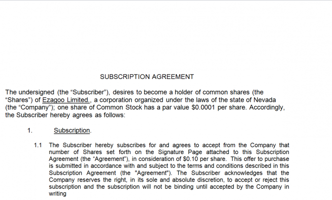 Subscription Agreement. Робочий зразок №9