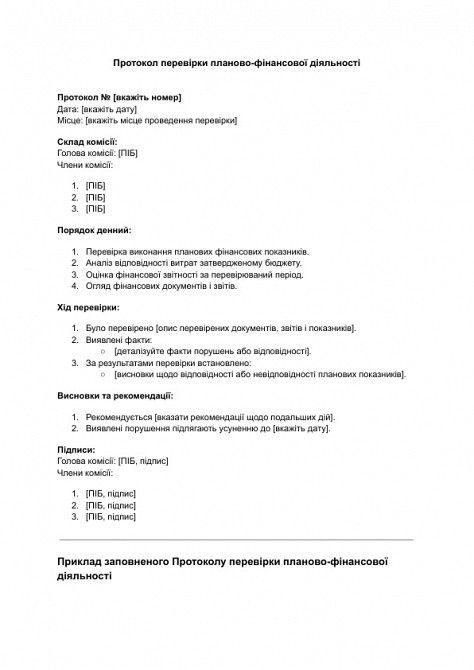 Протокол перевірки планово-фінансової діяльності зображення 1