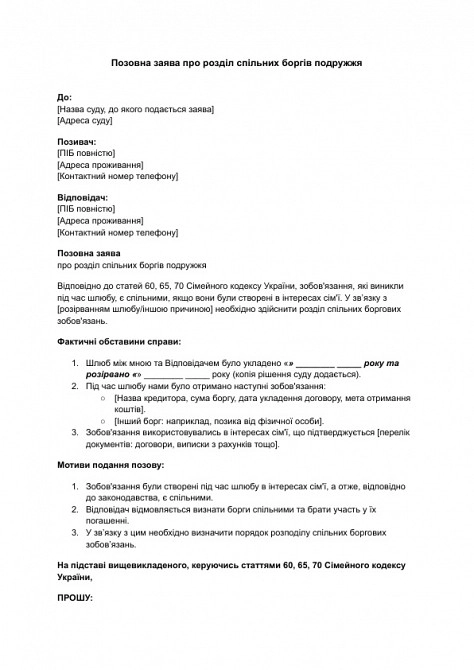 Исковое заявление о разделе общих долгов супругов изображение 1