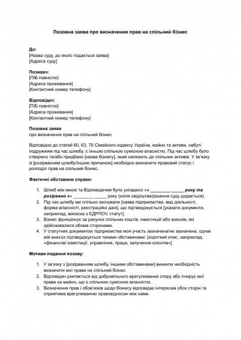 Позовна заява про визначення прав на спільний бізнес зображення 1