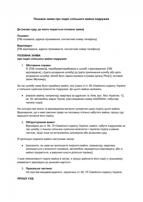 Позовна заява про поділ спільного майна подружжя зображення 1