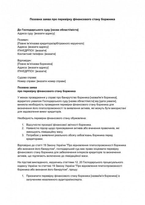Позовна заява про перевірку фінансового стану боржника зображення 1