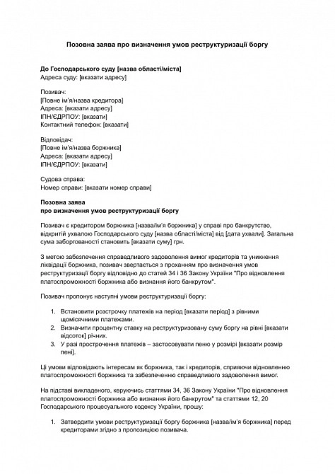 Позовна заява про визначення умов реструктуризації боргу зображення 1