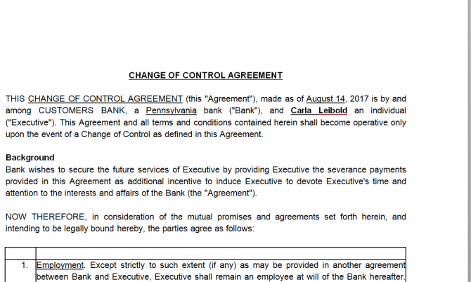Change of control Agreement. Робочий зразок №2 зображення 1