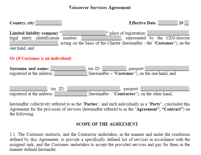 Voiceover Services Agreement зображення 1