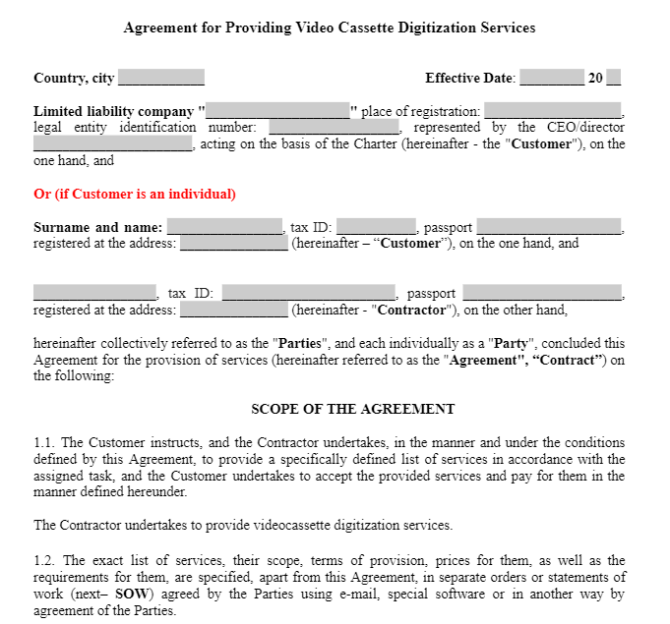 Agreement for Providing Video Cassette Digitization Services зображення 1