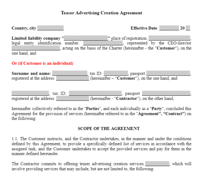 Teaser Advertising Creation Agreement зображення 1