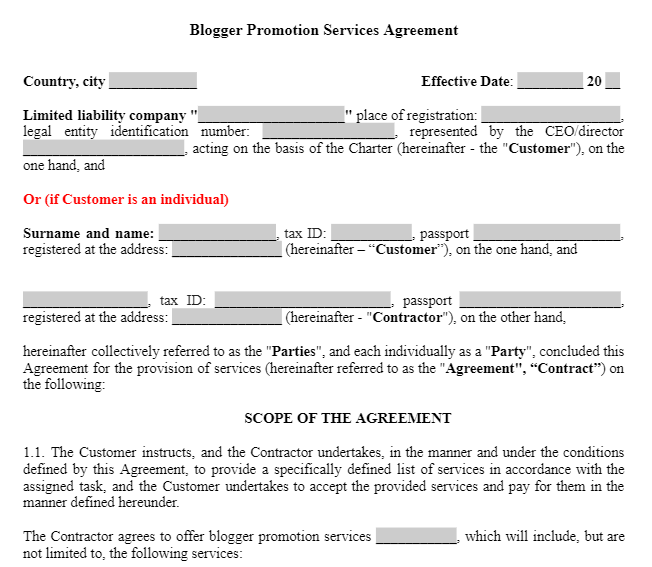 Blogger Promotion Services Agreement зображення 1
