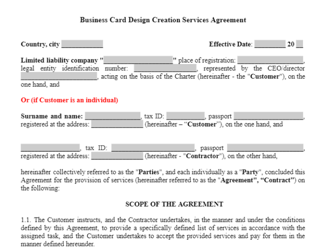 Business Card Design Creation Services Agreement зображення 1