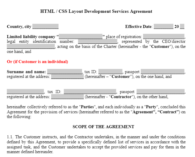 HTML / CSS Layout Development Services Agreement зображення 1
