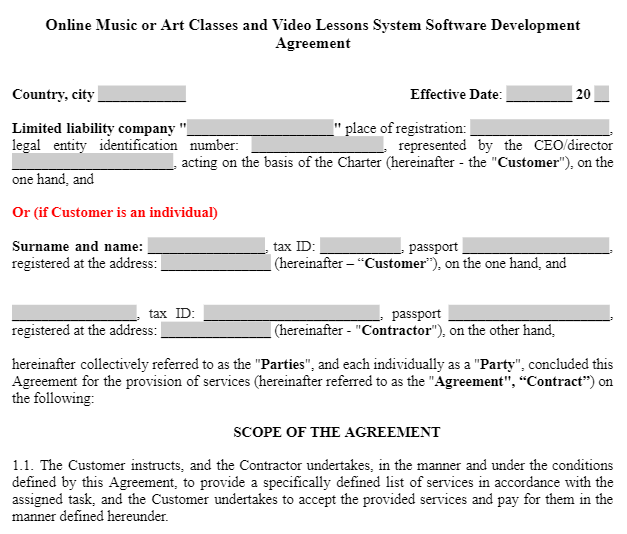 Online Music or Art Classes and Video Lessons System Software Development Agreement зображення 1