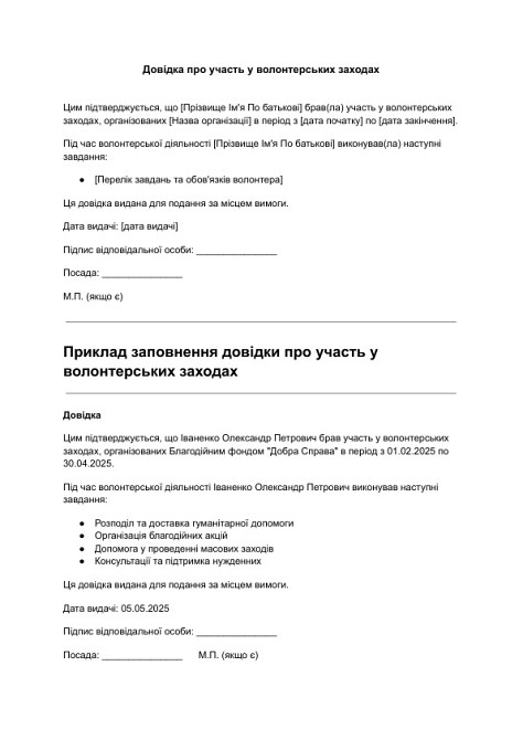 Довідка про участь у волонтерських заходах зображення 1