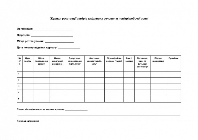 Журнал реєстрації замірів шкідливих речовин в повітрі робочої зони зображення 1