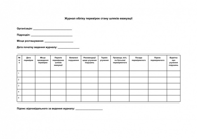 Журнал обліку перевірок стану шляхів евакуації зображення 1
