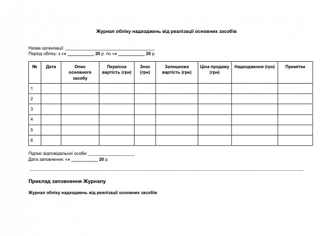 Журнал обліку надходжень від реалізації основних засобів зображення 1