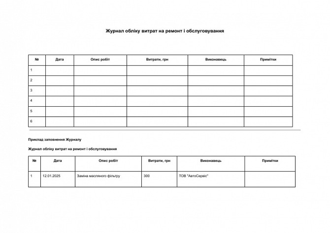 Журнал обліку витрат на ремонт і обслуговування зображення 1