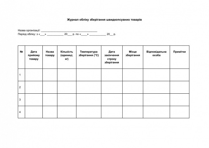 Журнал обліку зберігання швидкопсувних товарів зображення 1