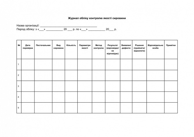 Журнал обліку контролю якості сировини зображення 1