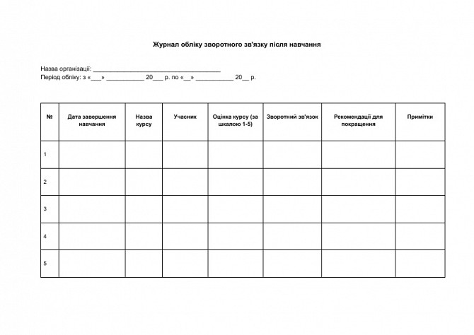 Журнал обліку зворотного зв'язку після навчання зображення 1
