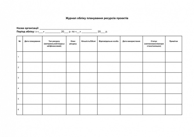 Журнал обліку планування ресурсів проектів зображення 1
