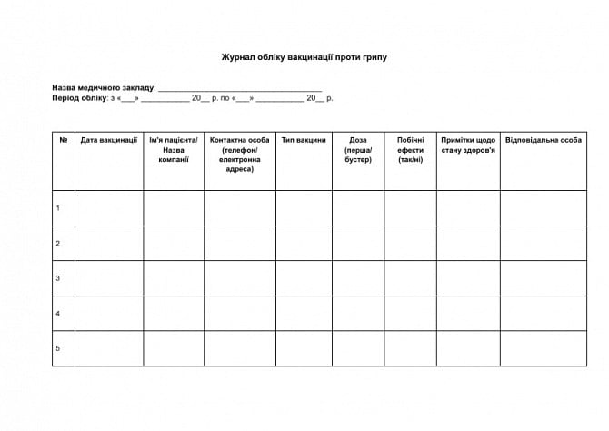 Журнал обліку вакцинації проти грипу зображення 1