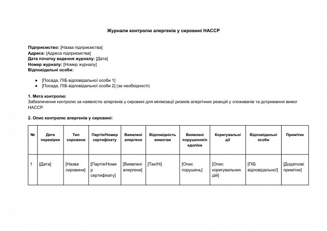 Журнали контролю алергенів у сировині HACCP зображення 1