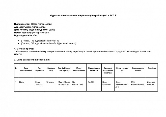 Журнали використання сировини у виробництві HACCP зображення 1