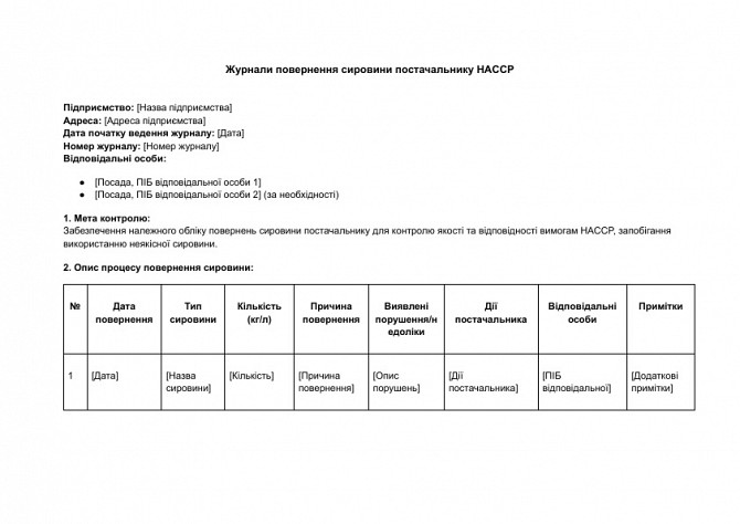 Журналы возврата сырья поставщику HACCP изображение 1