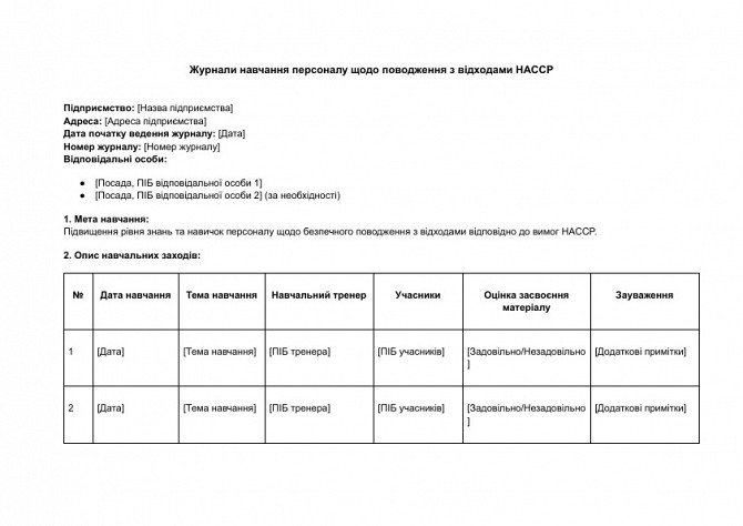 Журнали навчання персоналу щодо поводження з відходами HACCP зображення 1